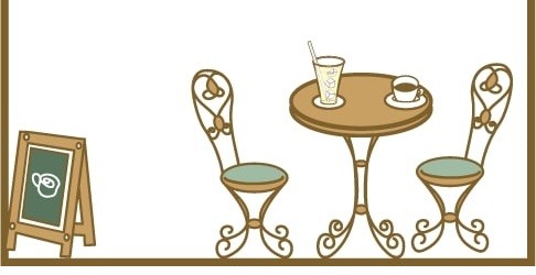 かわいいカフェの店内のイラスト カフェ屋根と猫足のテーブルセットでおしゃれで優雅 フレーム 飾り枠 Decome